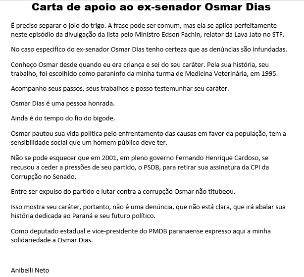 Carta de apoio ao ex-senador Osmar Dias