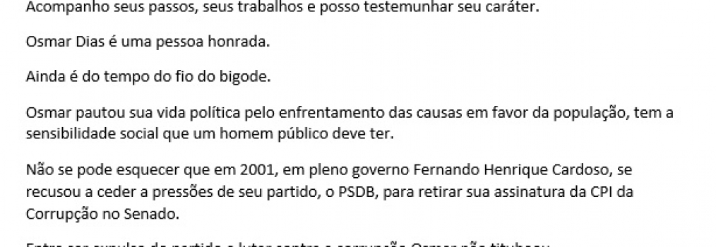 Carta de apoio ao ex-senador Osmar Dias