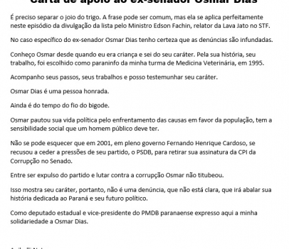 Carta de apoio ao ex-senador Osmar Dias