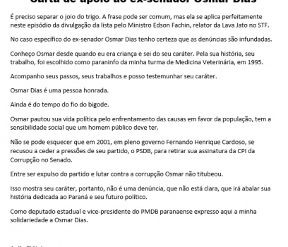 Carta de apoio ao ex-senador Osmar Dias