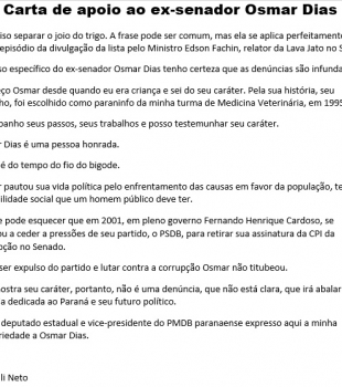 Carta de apoio ao ex-senador Osmar Dias