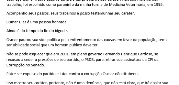 Carta de apoio ao ex-senador Osmar Dias