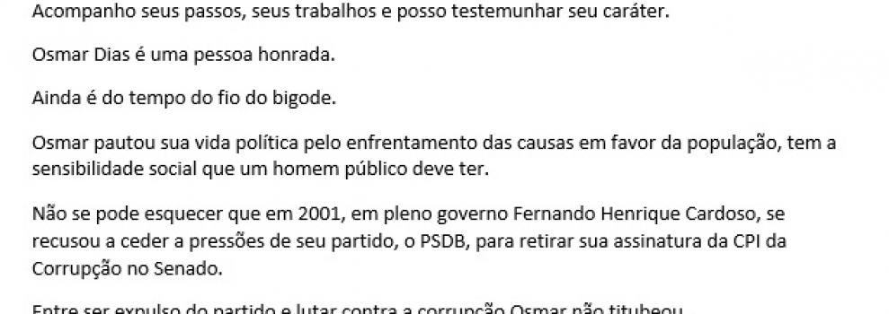 Carta de apoio ao ex-senador Osmar Dias